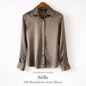Stills 100% Silk Blend Button Front Blouse Taupe Satin EU36 FR38 US6